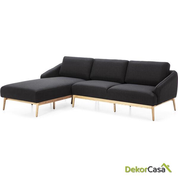 Sofá Chaise Long 285X90/150X80 Madera Natural/Tela Negro