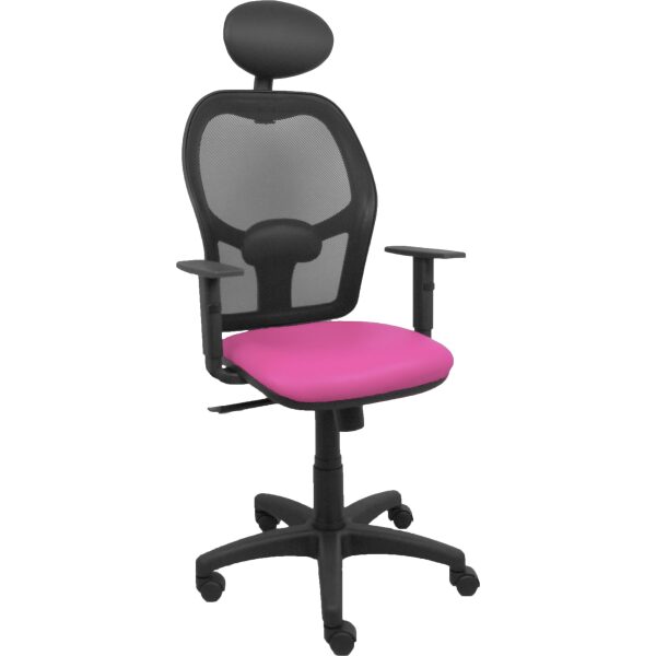 Silla Alocén malla negra asiento similpiel rosa brazos regulables cabecero fijo