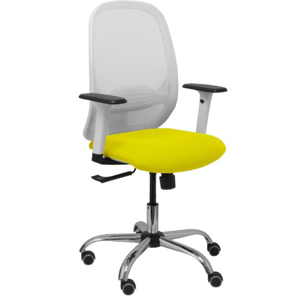 Silla Cilanco blanca malla blanca asiento bali amarillo brazo regulable base cromada ruedas de parqué