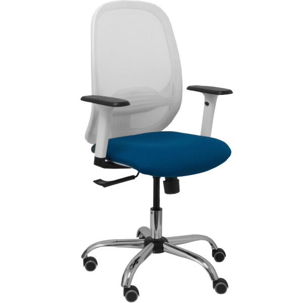 Silla Cilanco blanca malla blanca asiento bali azul marino brazo regulable base cromada ruedas de parqué