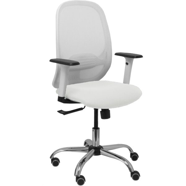 Silla Cilanco blanca malla blanca asiento bali blanco brazo regulable base cromada ruedas de parqué