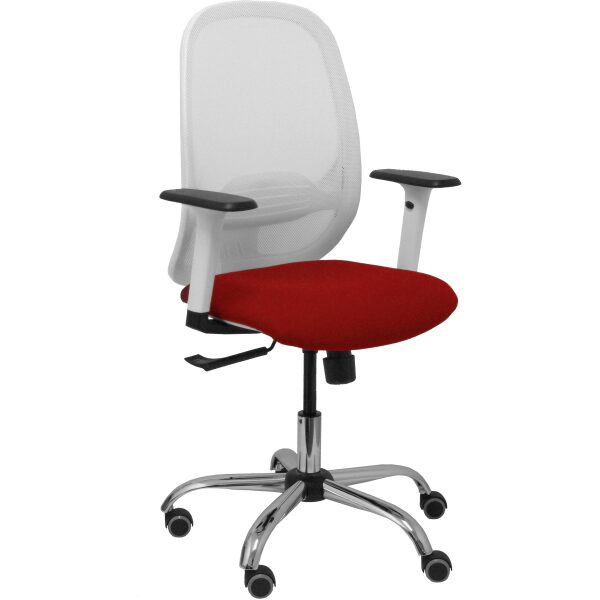 Silla Cilanco blanca malla blanca asiento bali granate brazo regulable base cromada ruedas de parqué