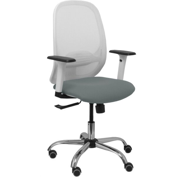 Silla Cilanco blanca malla blanca asiento bali gris brazo regulable base cromada ruedas de parqué