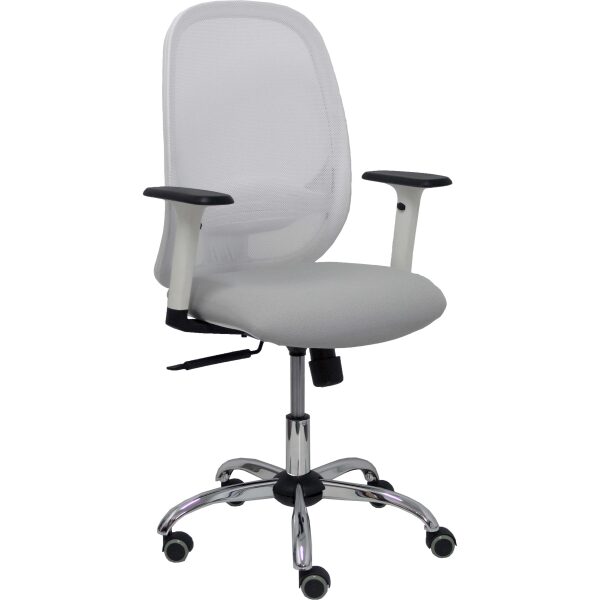 Silla Cilanco blanca malla blanca asiento bali gris claro brazo regulable base cromada ruedas parqué