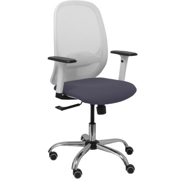 Silla Cilanco blanca malla blanca asiento bali gris oscuro brazo regulable base cromada ruedas de parqué