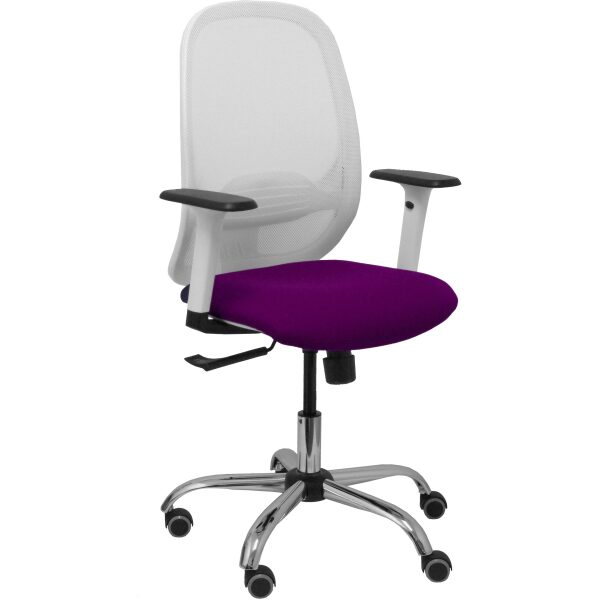 Silla Cilanco blanca malla blanca asiento bali morado brazo regulable base cromada ruedas de parqué