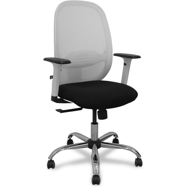 Silla Cilanco blanca malla blanca asiento bali negro brazo regulable base cromada ruedas de parqué