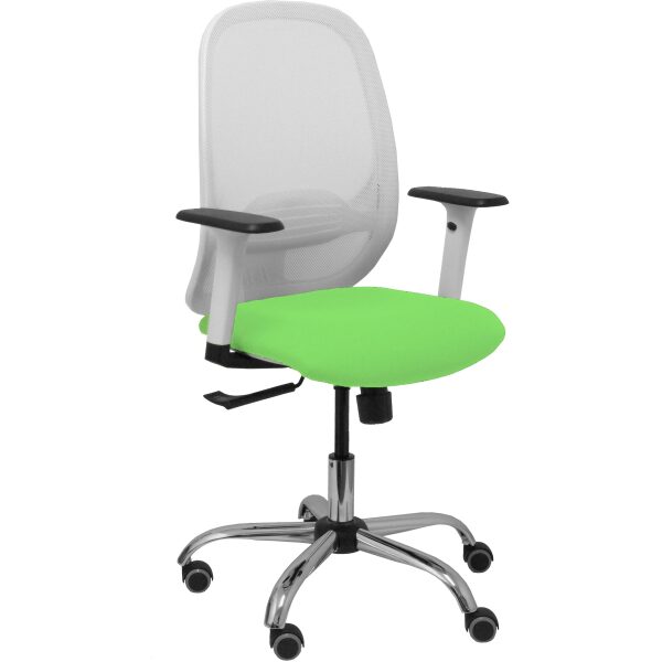 Silla Cilanco blanca malla blanca asiento bali pistacho brazo regulable base cromada ruedas de parqué