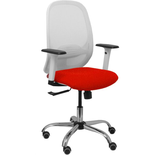 Silla Cilanco blanca malla blanca asiento bali rojo brazo regulable base cromada ruedas de parqué