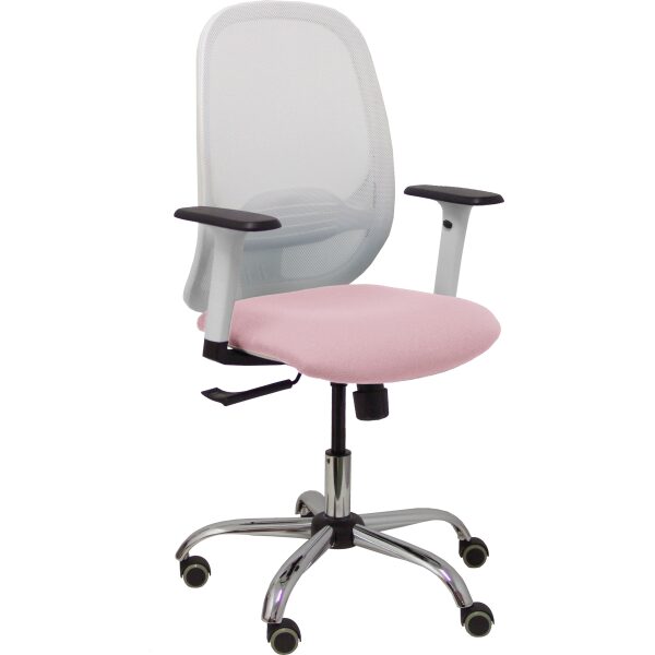 Silla Cilanco blanca malla blanca asiento bali rosa brazo regulable base cromada ruedas de parqué