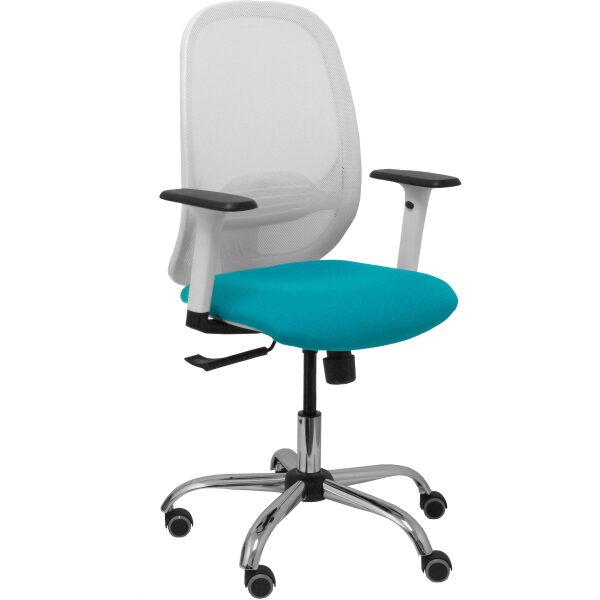 Silla Cilanco blanca malla blanca asiento bali turquesa brazo regulable base cromada ruedas parqué