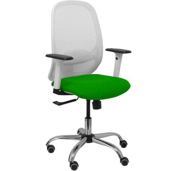 Silla Cilanco blanca malla blanca asiento bali verde brazo regulable base cromada ruedas de parqué