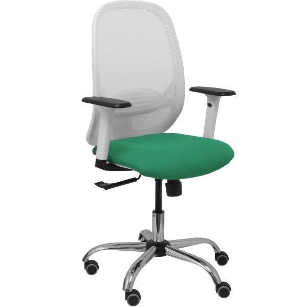 Silla Cilanco blanca malla blanca asiento bali verde esmeralda brazo regulable base cromada ruedas de parqué