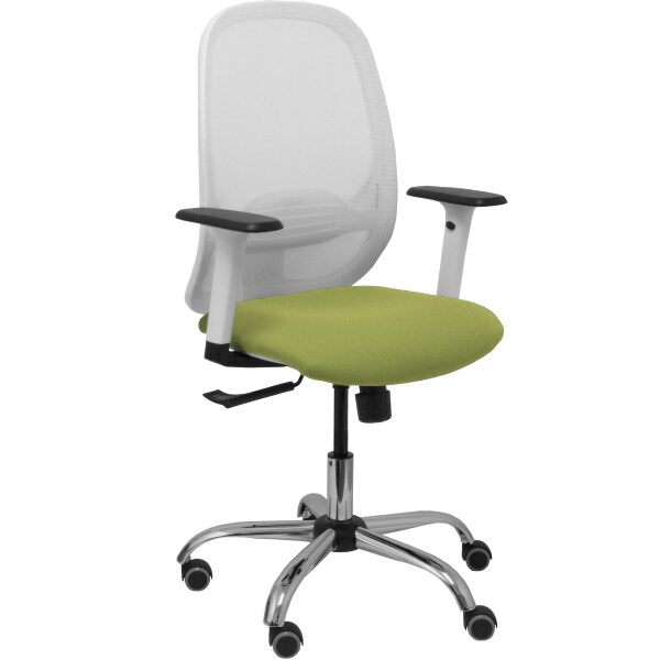 Silla Cilanco blanca malla blanca asiento bali verde oliva brazo regulable base cromada ruedas de parqué