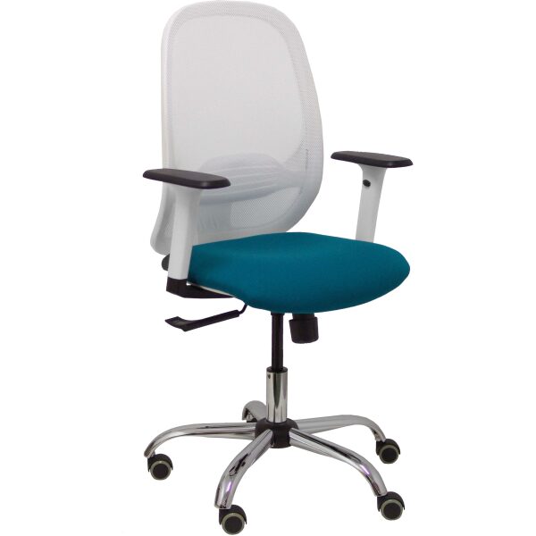 Silla Cilanco blanca malla blanca asiento bali verde petróleo brazo regulable base cromada ruedas de parqué