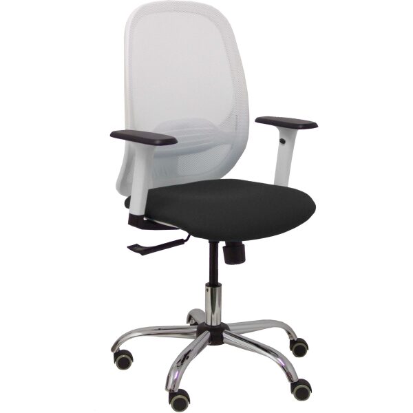 Silla Cilanco blanca malla blanca asiento similpiel negro brazo reg. base cromada RP