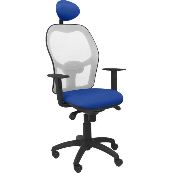 Silla Jorquera malla gris asiento bali azul con cabecero fijo