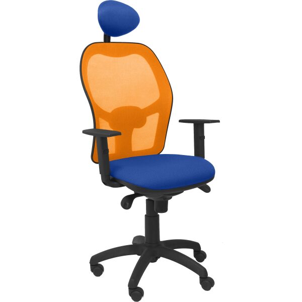 Silla Jorquera malla naranja asiento bali azul con cabecero fijo