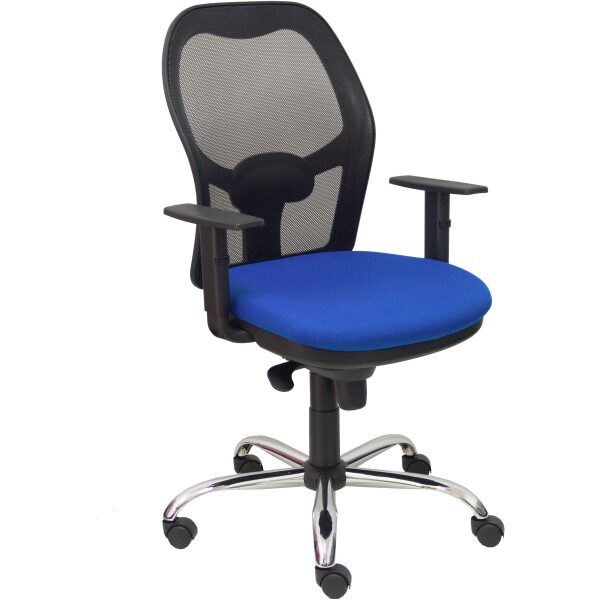 Silla Jorquera malla negra asiento bali azul brazos regulables base cromada