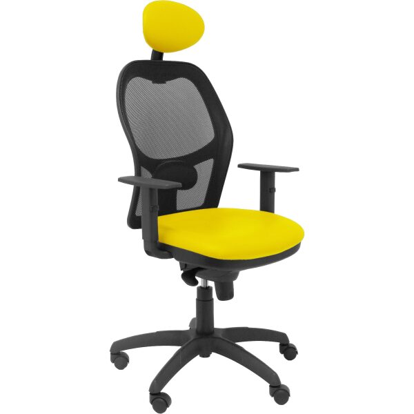 Silla Jorquera malla negra asiento similpiel amarillo con cabecero fijo