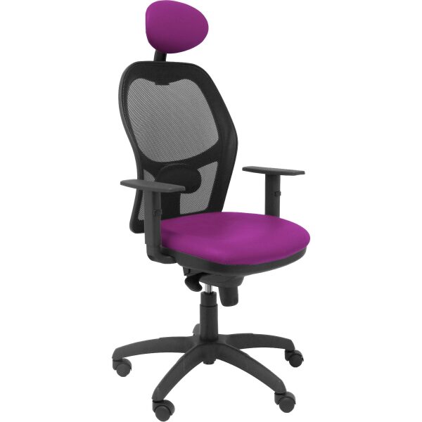 Silla Jorquera malla negra asiento similpiel morado con cabecero fijo