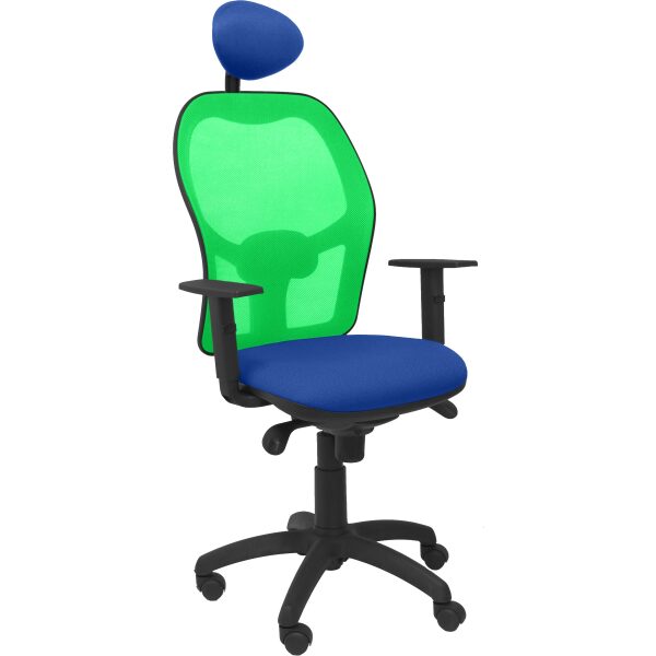 Silla Jorquera malla verde asiento bali azul con cabecero fijo