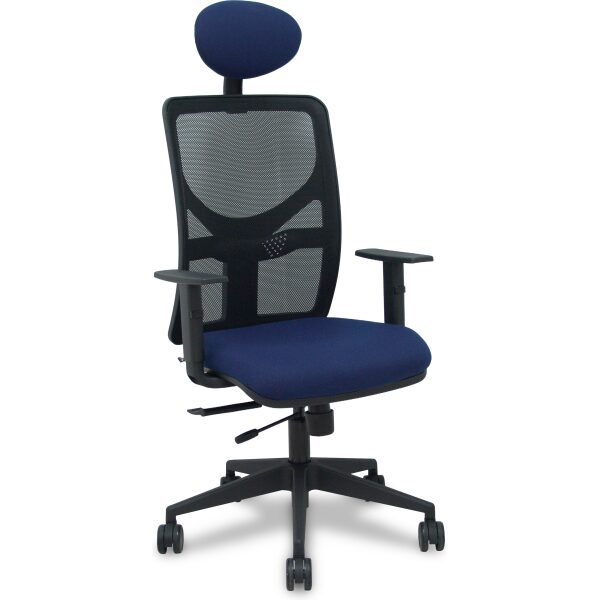 Silla Motilla traslack malla negra asiento bali azul marino brazos 1D base piramidal cabecero fijo