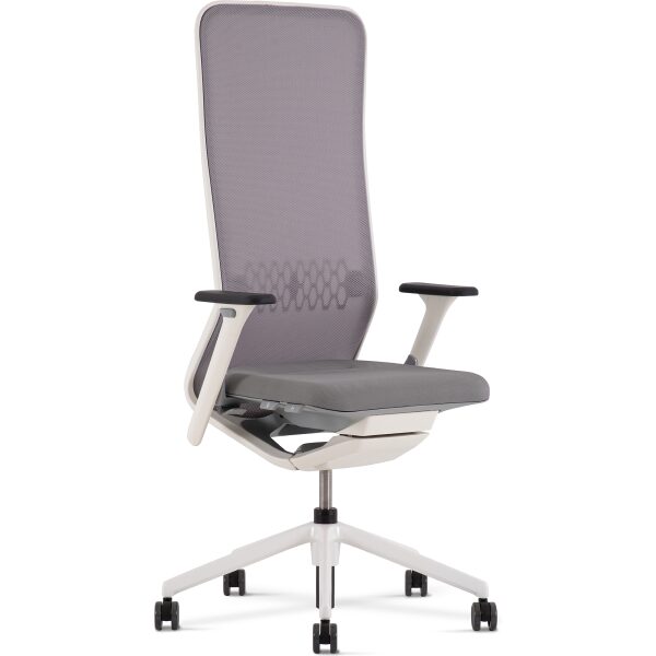 Silla YouTeam gris traslack radio gris brazos 4D, base blanca y lumbar