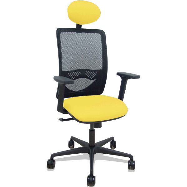 Silla Zulema sincro malla negra asiento bali amarillo brazos 2D ruedas 65mm cabecero