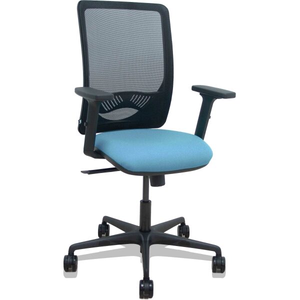 Silla Zulema sincro malla negra asiento bali azul cielo brazos 2D ruedas 65mm