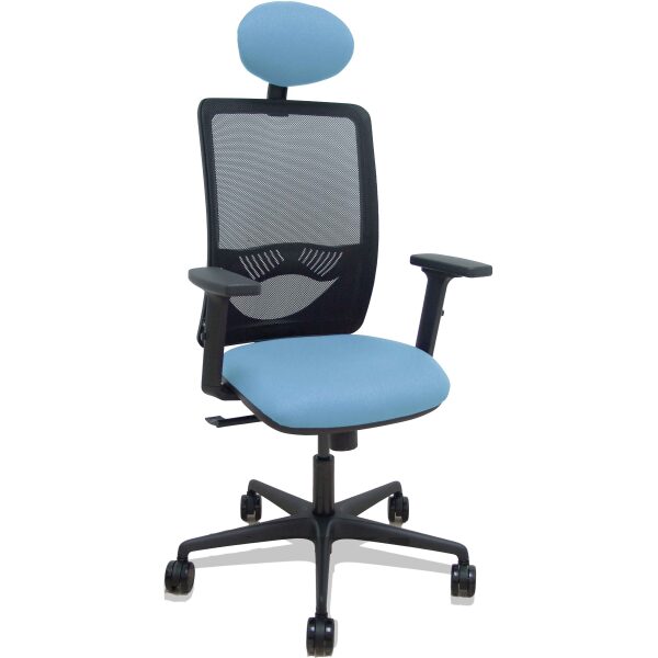 Silla Zulema sincro malla negra asiento bali azul cielo brazos 2D ruedas 65mm cabecero