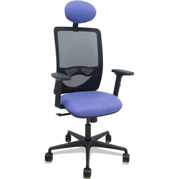 Silla Zulema sincro malla negra asiento bali azul claro brazos 2D ruedas 65mm cabecero