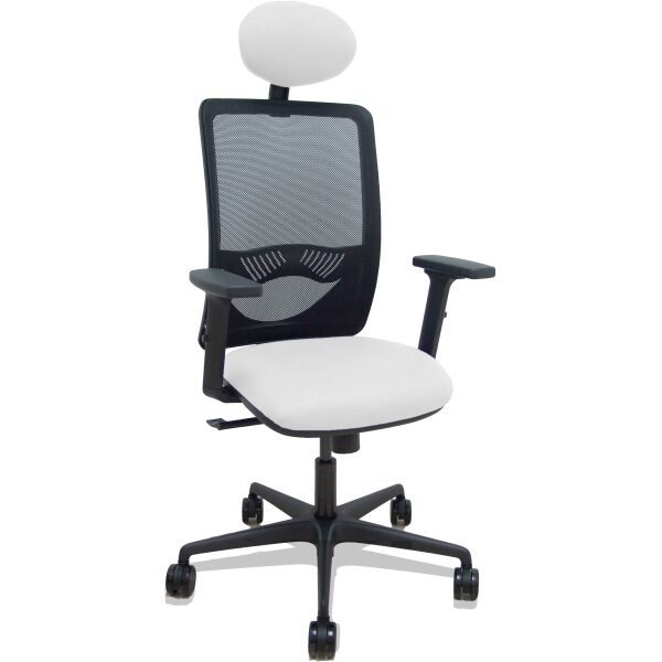 Silla Zulema sincro malla negra asiento bali blanco brazos 2D ruedas 65mm cabecero