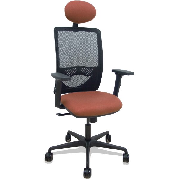 Silla Zulema sincro malla negra asiento bali marrón brazos 2D ruedas 65mm cabecero