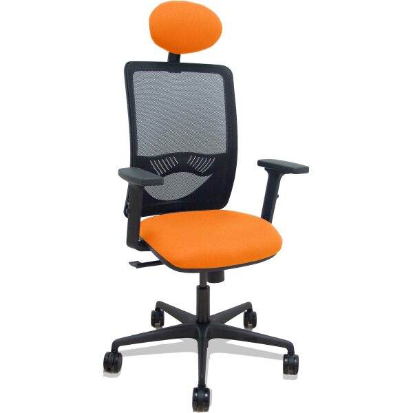 Silla Zulema sincro malla negra asiento bali naranja brazos 2D ruedas 65mm cabecero