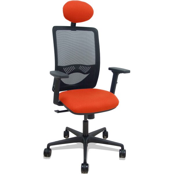 Silla Zulema sincro malla negra asiento bali naranja oscuro brazos 2D ruedas 65mm cabecero