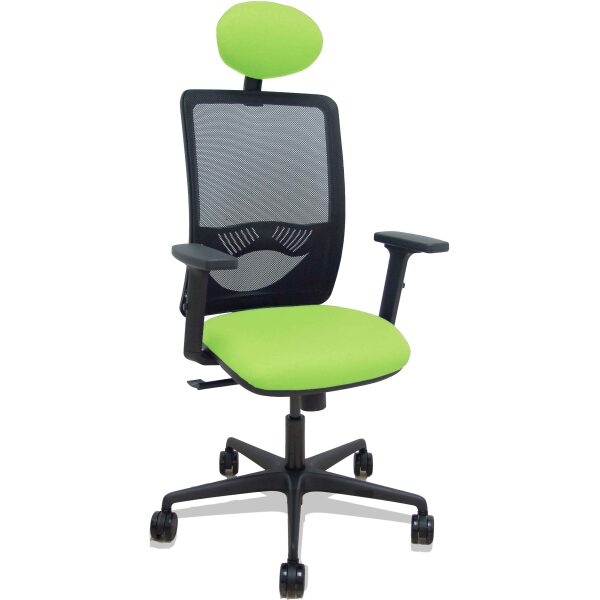 Silla Zulema sincro malla negra asiento bali pistacho brazos 2D ruedas 65mm cabecero