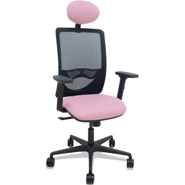 Silla Zulema sincro malla negra asiento bali rosa brazos 2D ruedas 65mm cabecero