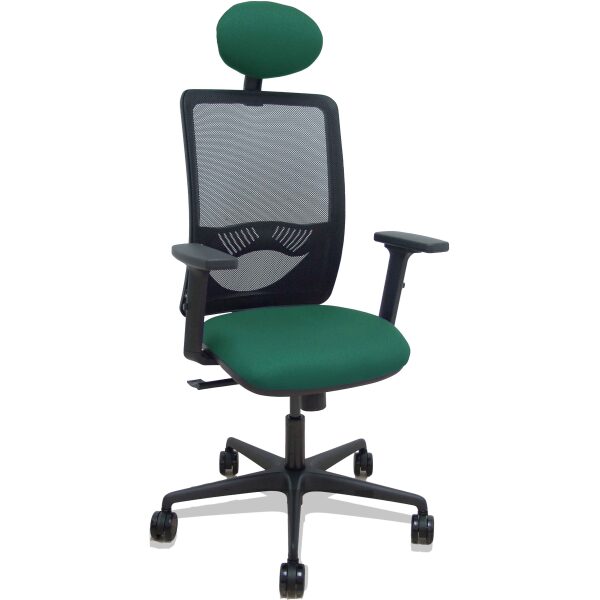 Silla Zulema sincro malla negra asiento bali verde botella brazos 2D ruedas 65mm cabecero