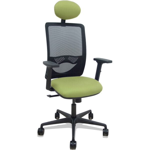 Silla Zulema sincro malla negra asiento bali verde oliva brazos 2D ruedas 65mm cabecero
