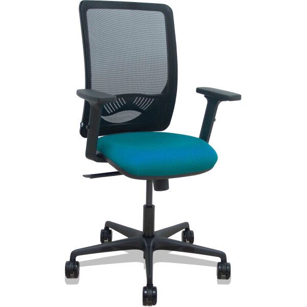 Silla Zulema sincro malla negra asiento bali verde petróleo brazos 2D ruedas 65mm