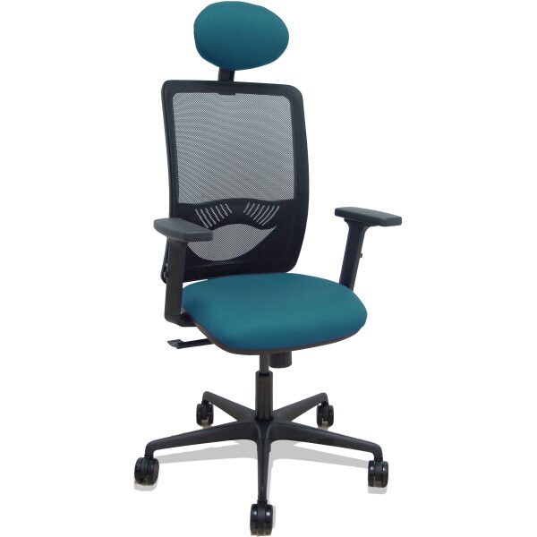 Silla Zulema sincro malla negra asiento bali verde petróleo brazos 2D ruedas 65mm cabecero