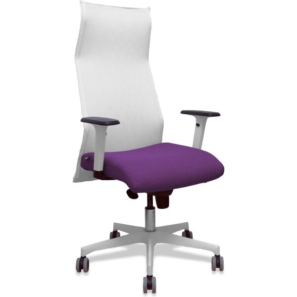 Sillón Sahuco blanco bali morado brazos blancos base blanca ruedas parqué 65mm