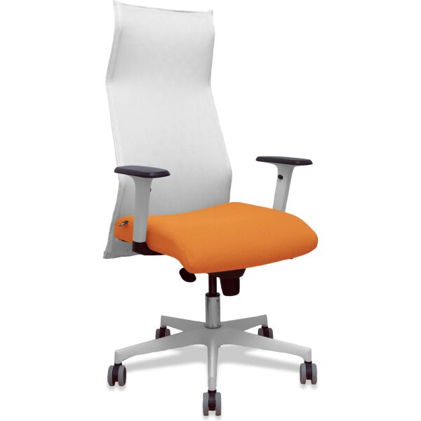 Sillón Sahuco blanco bali naranja brazos blancos base blanca ruedas parqué 65mm