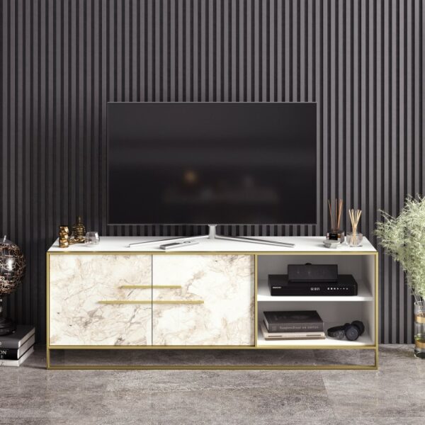 Mueble de tv siena biiaminado marmol blanco con metal dorado 160 cms 1 jpg