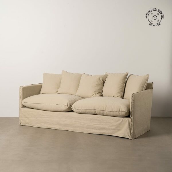 Sofá 3 Plazas Beige Tejido-Madera 216 X 94 X 93 Cm